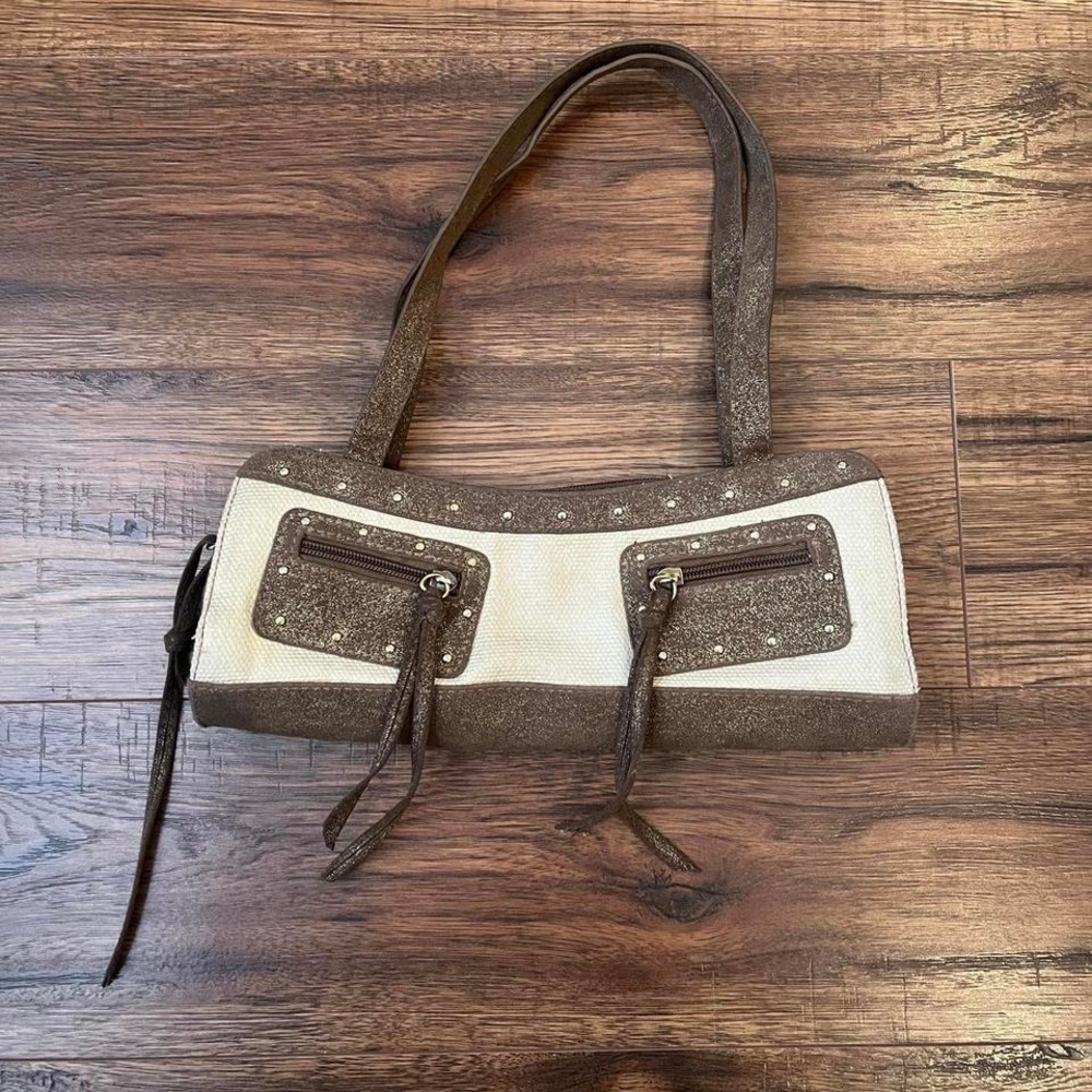 Y2K Vintage‎ Spring Brown Cream Shoulder Bag Studded Details Zip Pockets 2000s